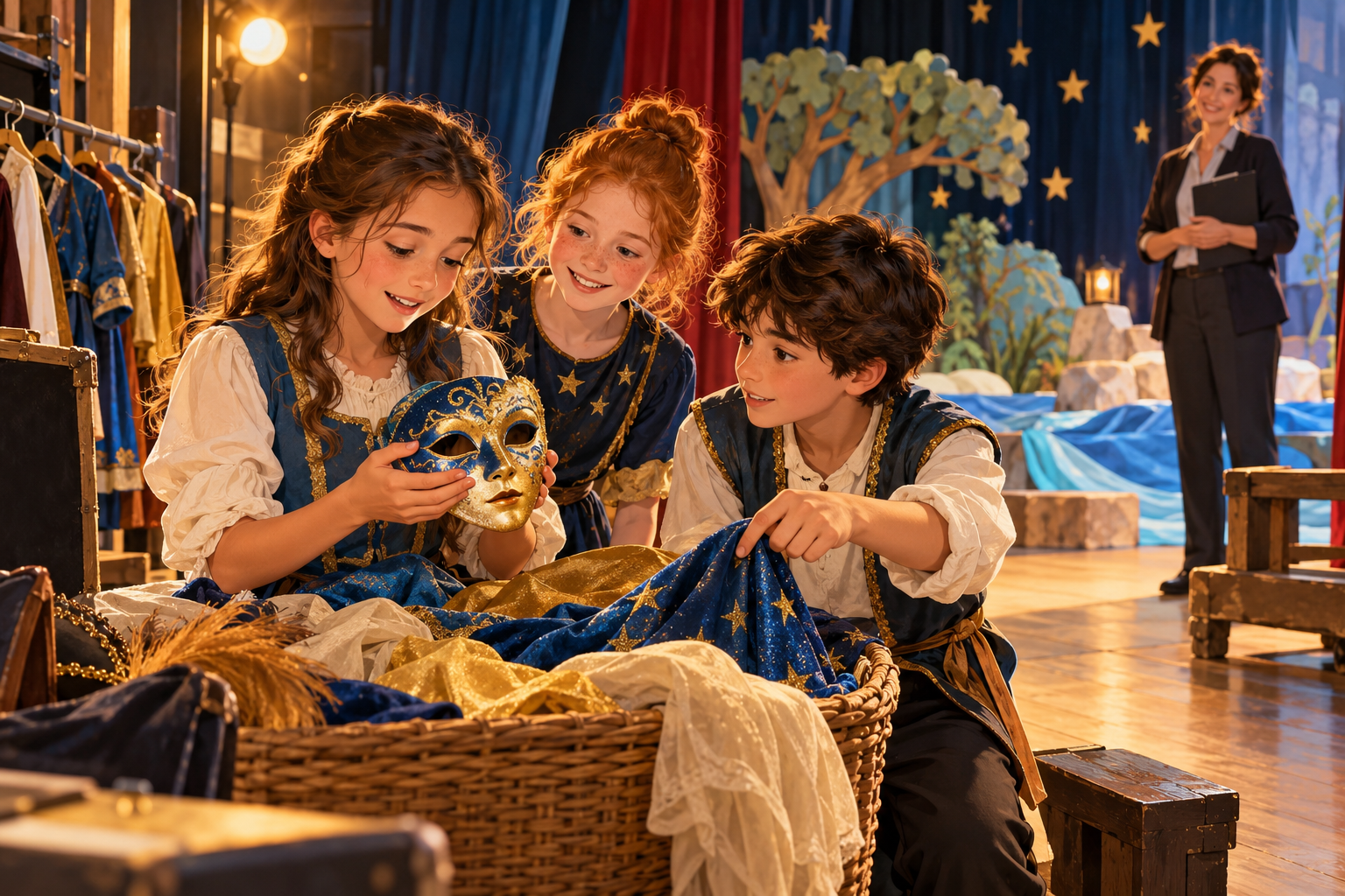 Les enfants retrouvent un masque dans les coulisses de leur spectacle.