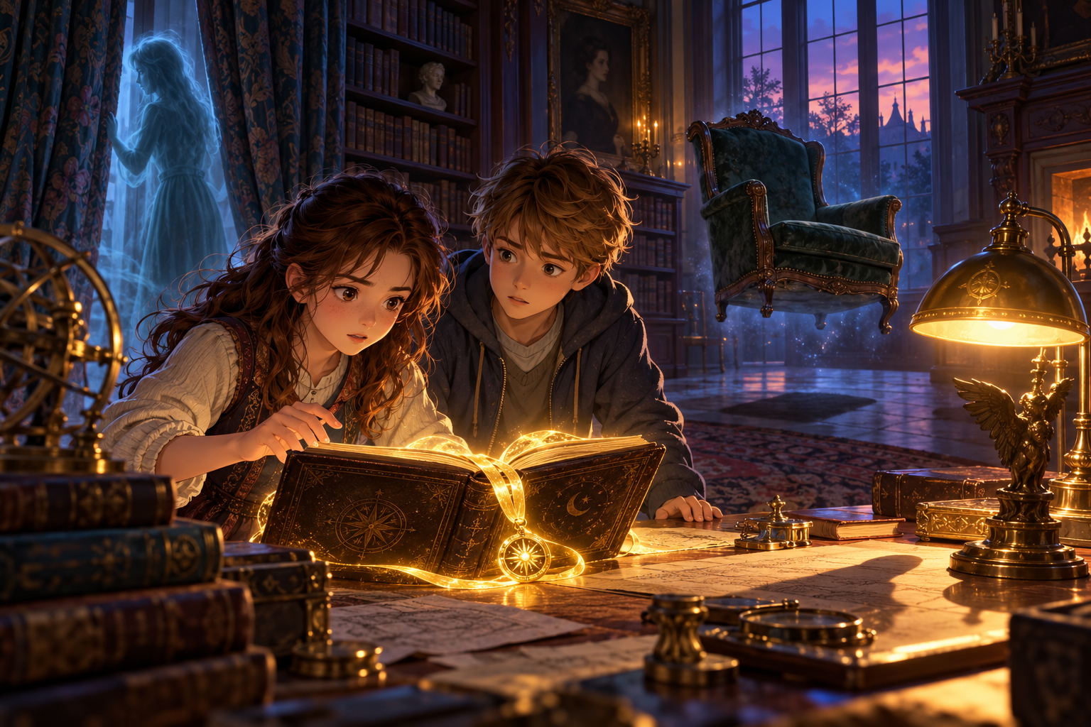 Zoé et Max dans la bibliothèque du manoir.