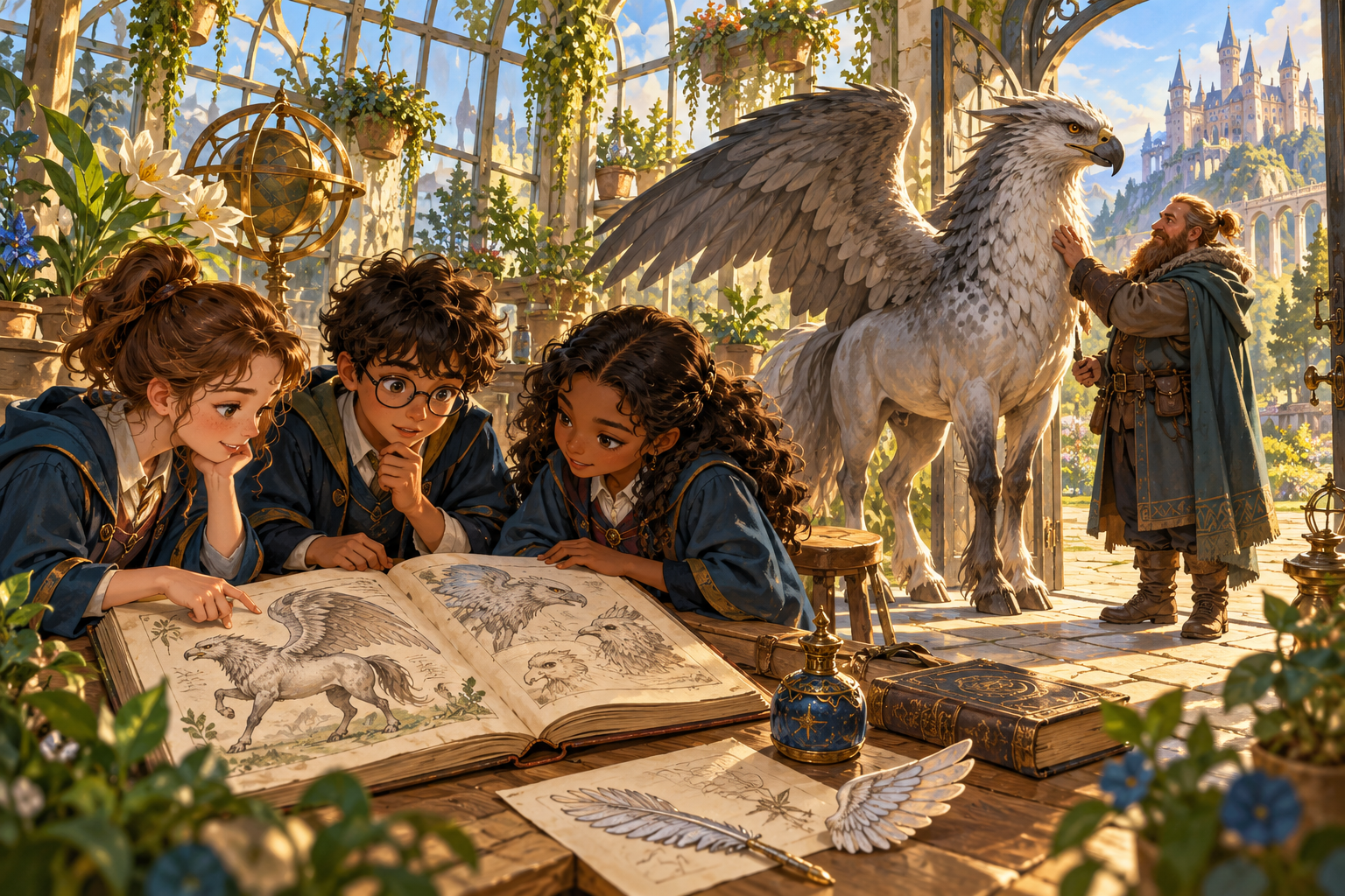 Harry, Ron et Hermione découvrent un grimoire près de Hagrid et de Buck.