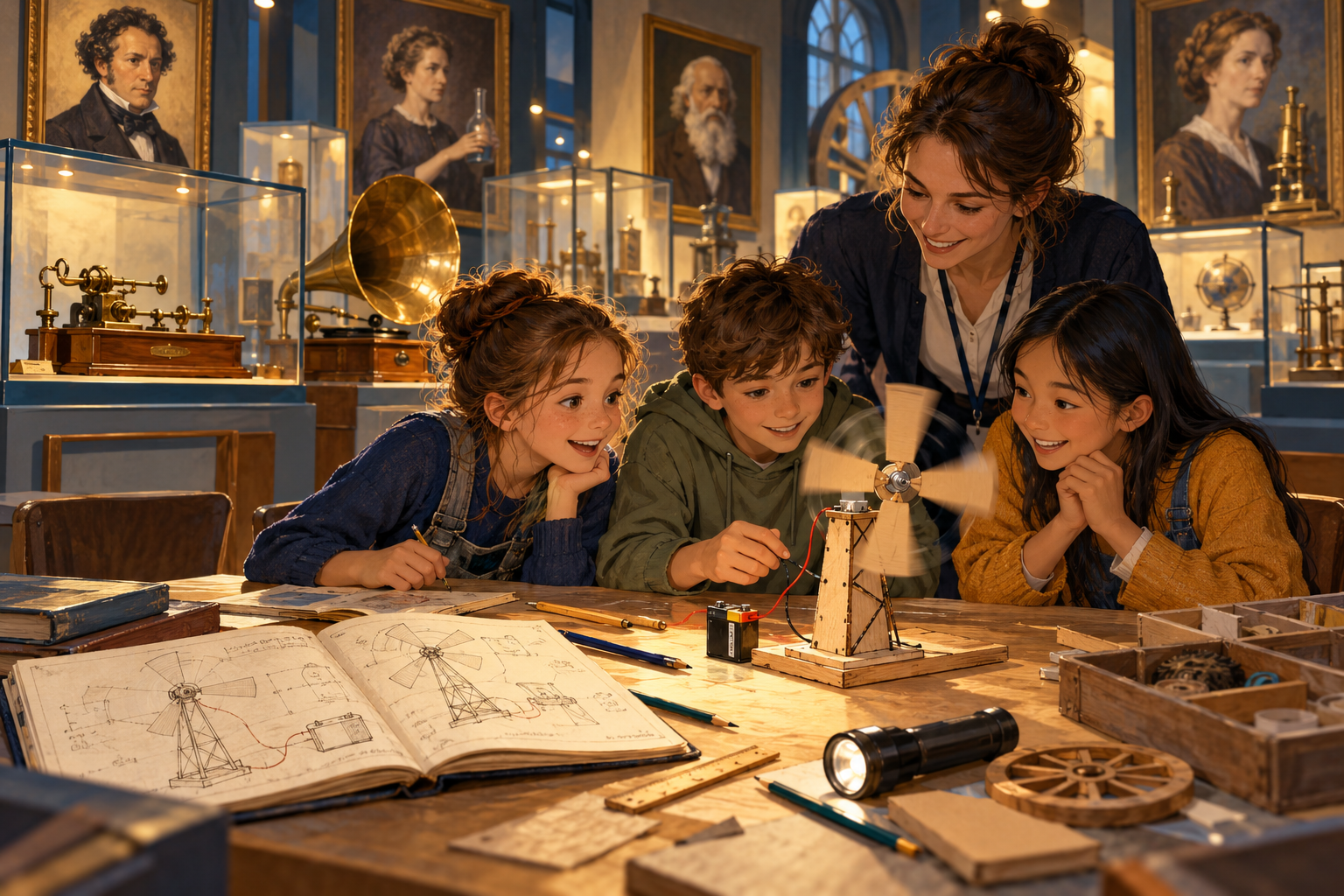 Des élèves étudient un moulin de démonstration dans un musée des inventions.