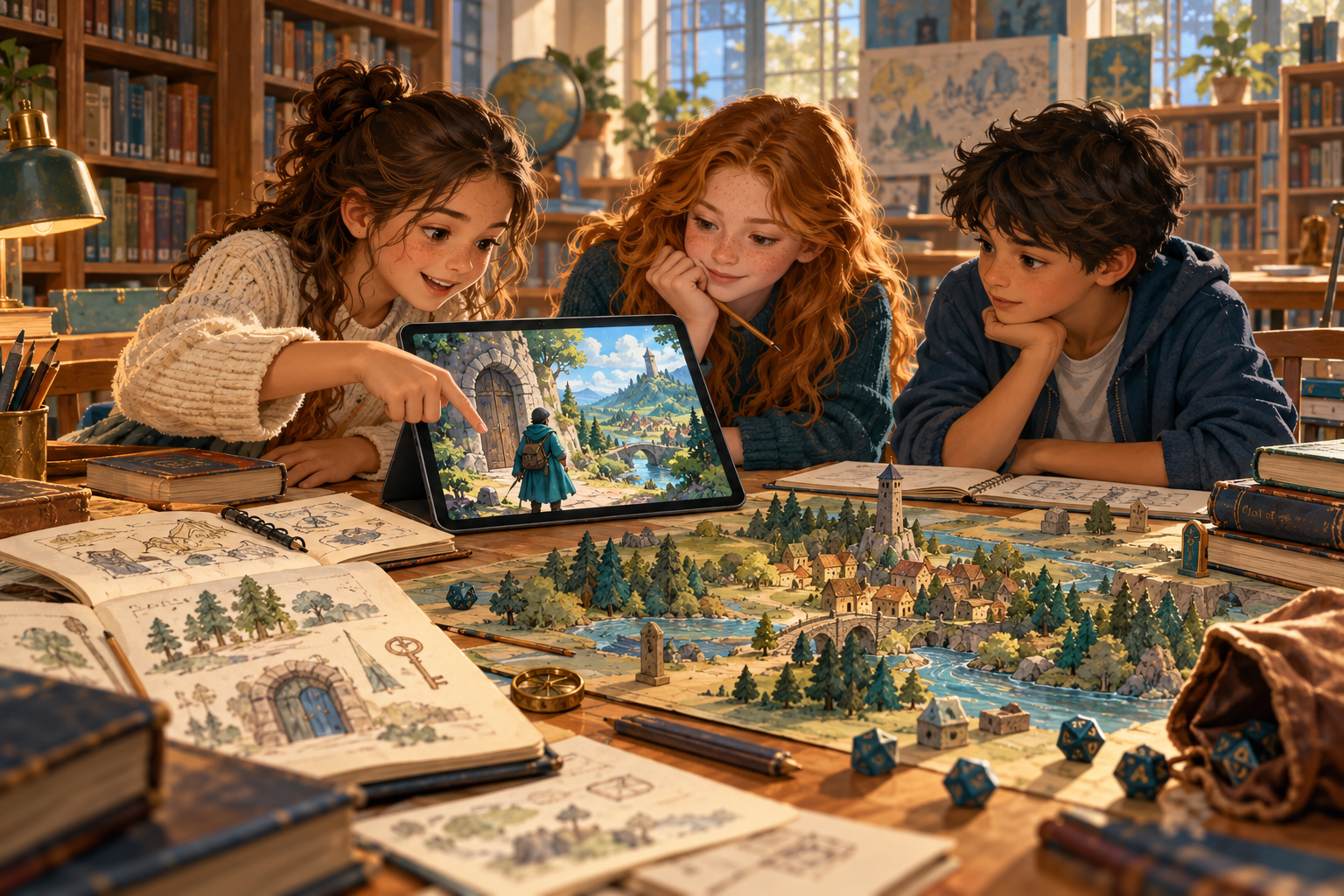 Des élèves créent une aventure originale avec une tablette et un plateau.