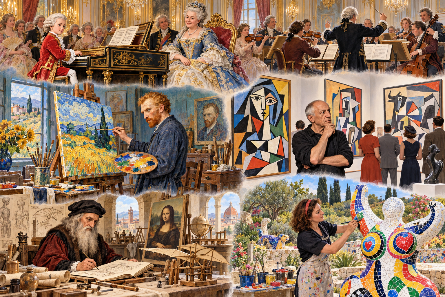 Mozart, Van Gogh, Picasso, Léonard de Vinci et Niki de Saint Phalle dans leurs univers artistiques.