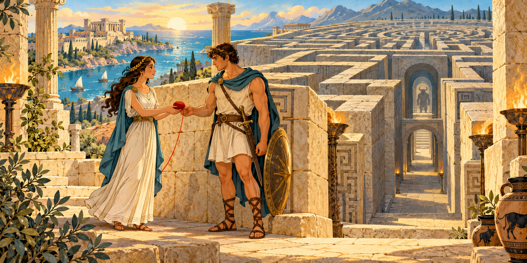 Ariane et Thésée devant un immense labyrinthe, avec un palais grec et la mer à l’horizon.
